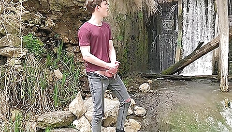 Teen beauty in a stockings jerks off and fucks his dick outdoors