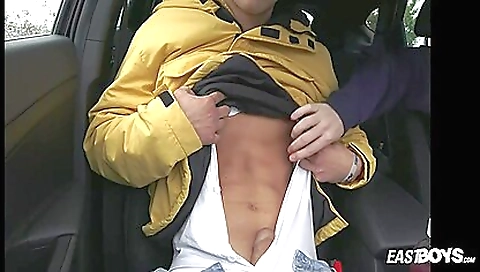 Girl in black shorts gets it on with the man in her car